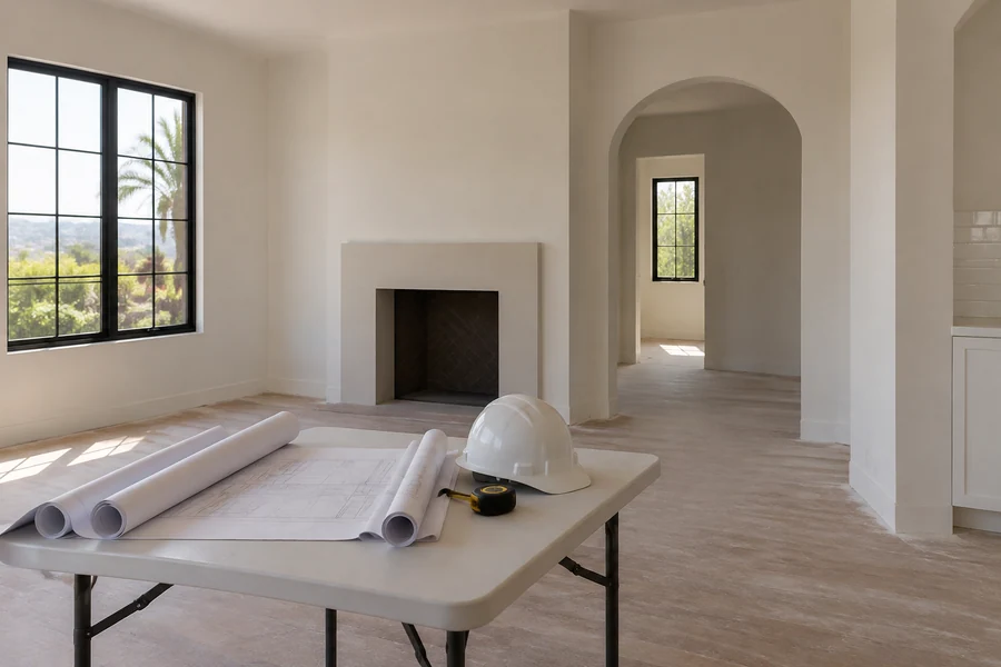 Permit drawings and a hard hat on a table in a Los Angeles house before a remodel