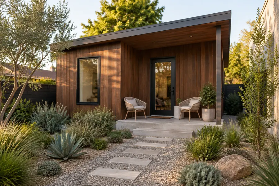 Backyard ADU with a small covered porch, wood siding and drought-tolerant planting