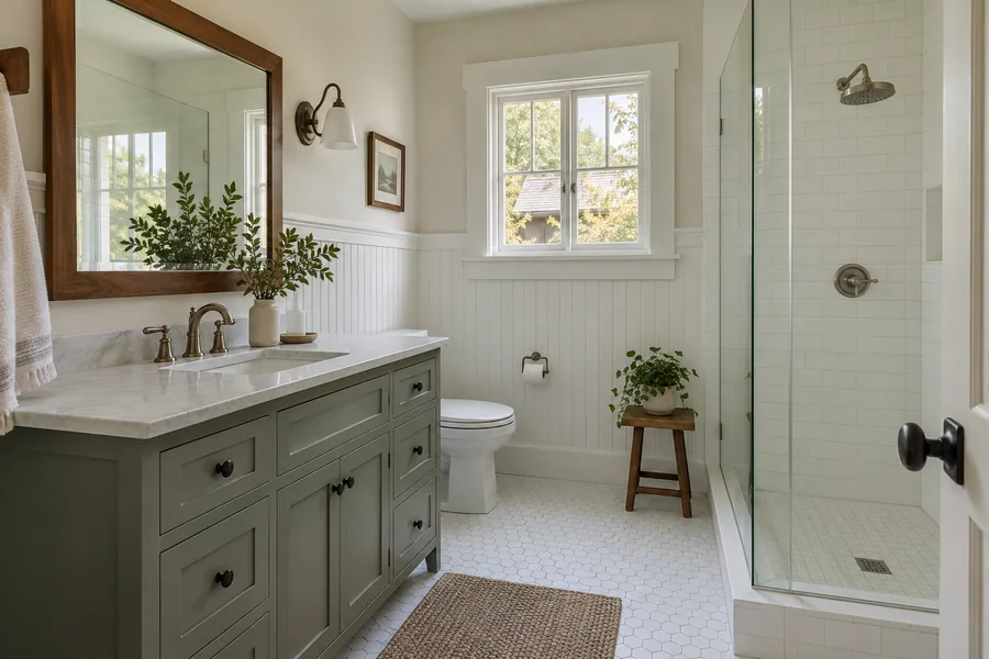 Craftsman bathroom with a walk-in shower, white tile and a wood-framed mirror