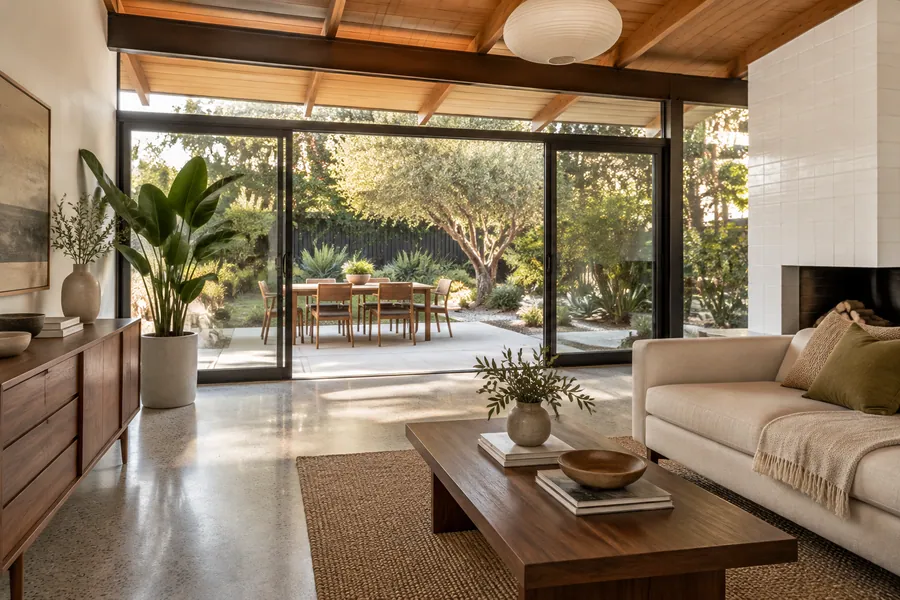 Mid-century living room with a wall of glass opened to the backyard