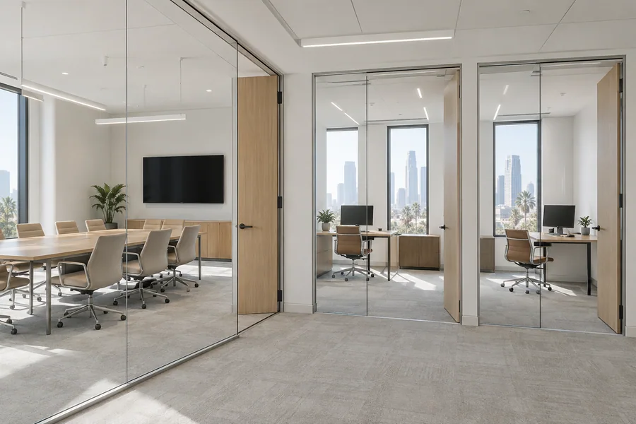 Bright office suite with glass partition rooms and light wood finishes