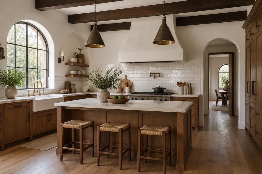 Spanish Revival kitchen with plaster walls, white handmade tile and dark wood beams