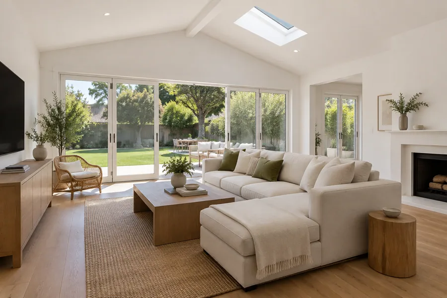 Valley ranch family room addition with a vaulted ceiling and doors to the yard