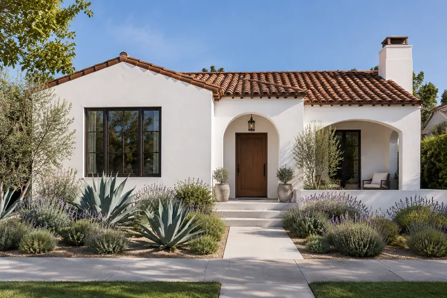 Spanish-style Los Angeles house with fresh smooth stucco, new dark-framed windows and a clay tile roof