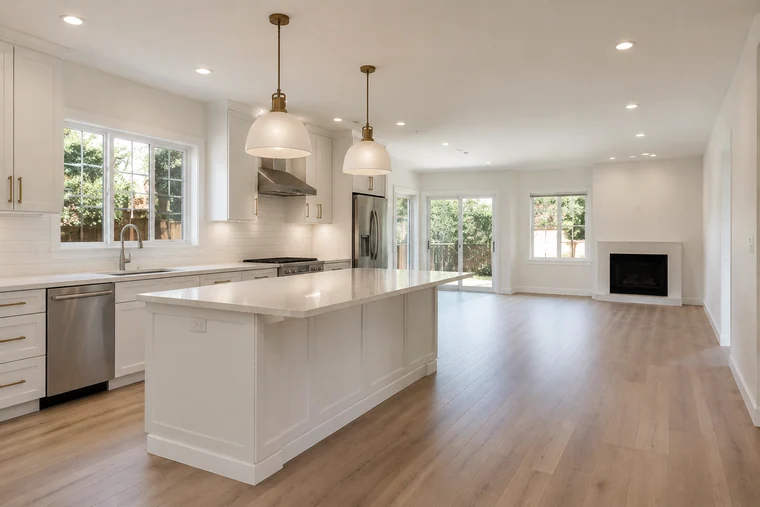 Finished remodeled living room and kitchen, clean and ready for the final walkthrough
