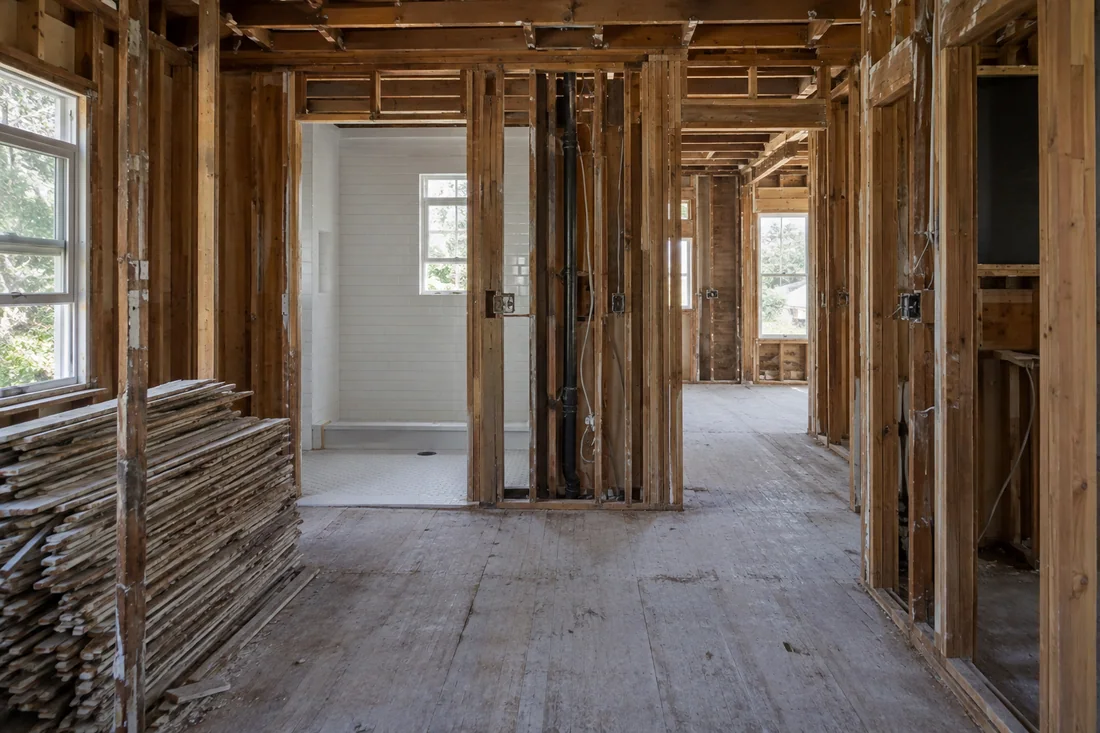 Older Los Angeles house stripped to the studs for a full gut remodel
