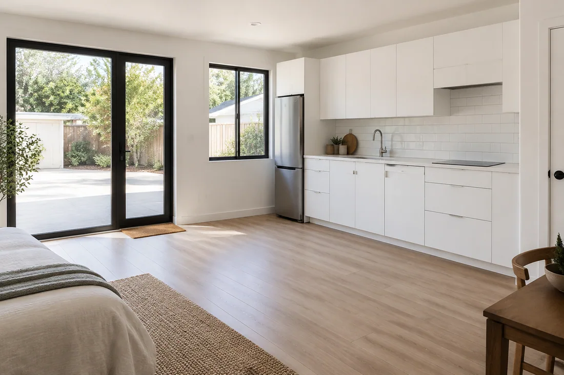 Garage converted into an ADU with a small kitchen wall, oak floors and a new window