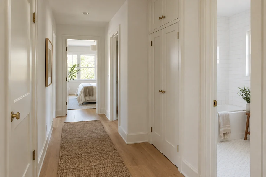 Remodeled hallway with new oak floors, fresh white paint, new panel doors and a built-in closet
