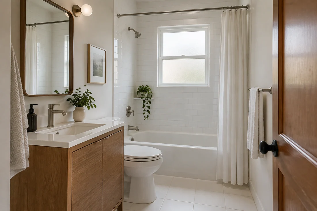 Refreshed bathroom in its original layout with a new vanity, white tile and a tub-shower combo