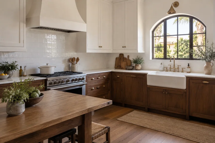 Remodeled kitchen in a Los Angeles Spanish Revival home with wood cabinets, white tile and an arched window