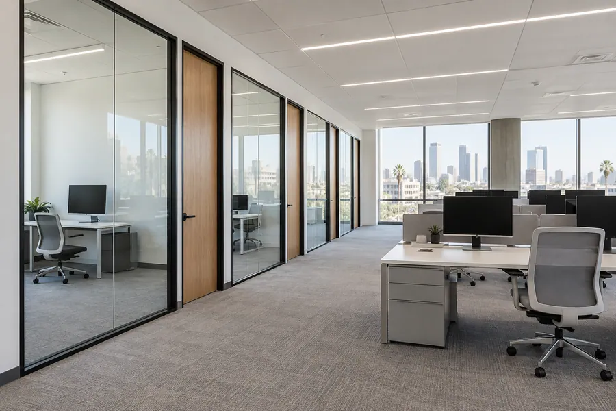 Remodeled Los Angeles office suite with glass partition offices, LED lighting and carpet tile