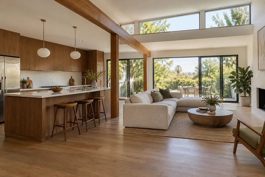 Mid-century living room and kitchen opened up under a new exposed beam