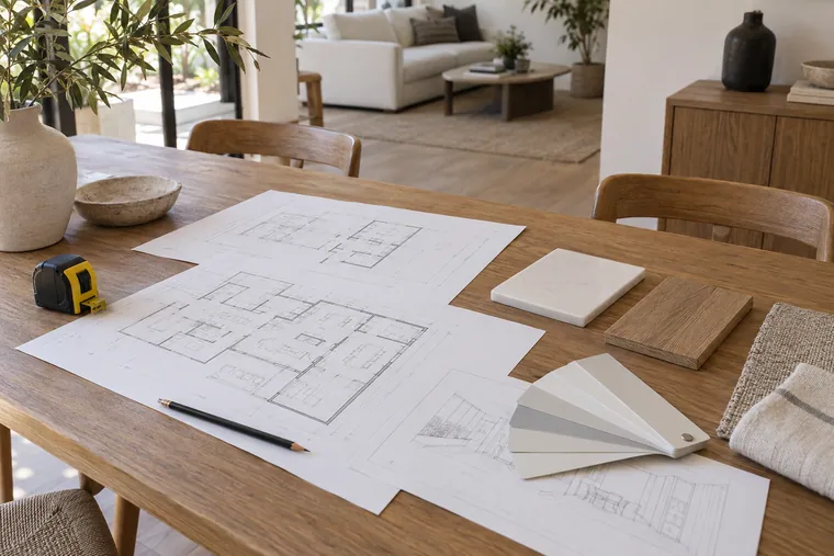 Floor plan drawings and finish samples on a dining table during the design phase of a home remodel