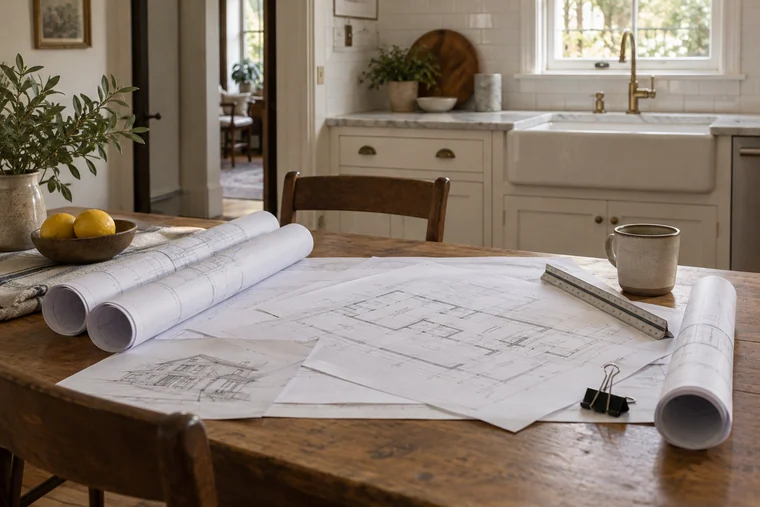 Rolled and flat permit drawing sets on a kitchen table, ready for plan check