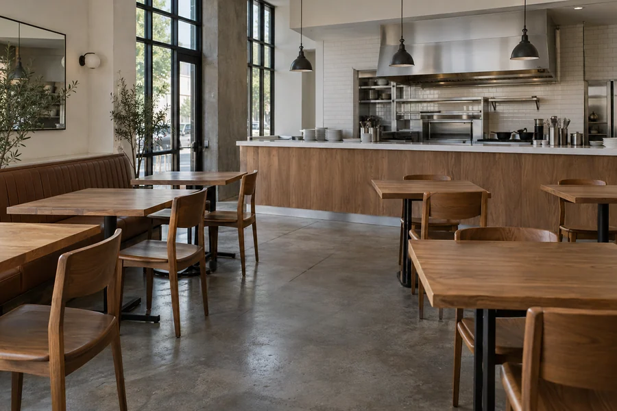 Remodeled Los Angeles restaurant dining room with wood tables and an open kitchen behind a pass counter