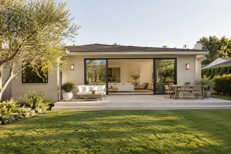 New rear family room addition on a Los Angeles ranch house, matched to the stucco and roofline