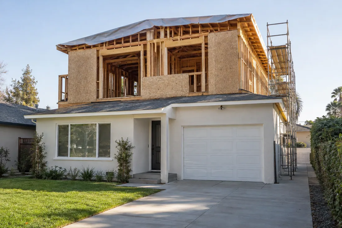 Second-story addition framing going up on a single-story ranch house