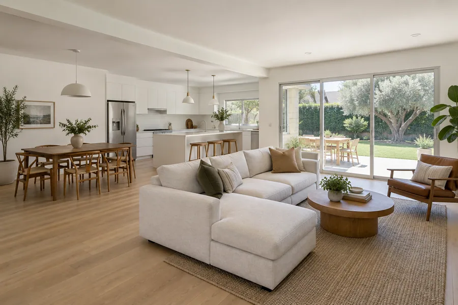 Opened-up living, dining and kitchen area in a remodeled 1950s Valley ranch house with a new wood beam