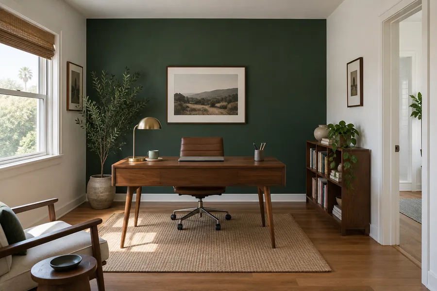 Home office in a Los Angeles house with a freshly painted deep green accent wall