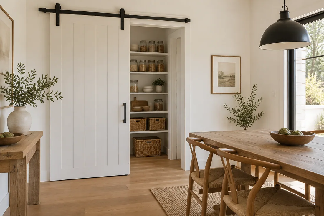 Barn-style sliding door on a black steel track in front of a pantry opening in a Los Angeles home