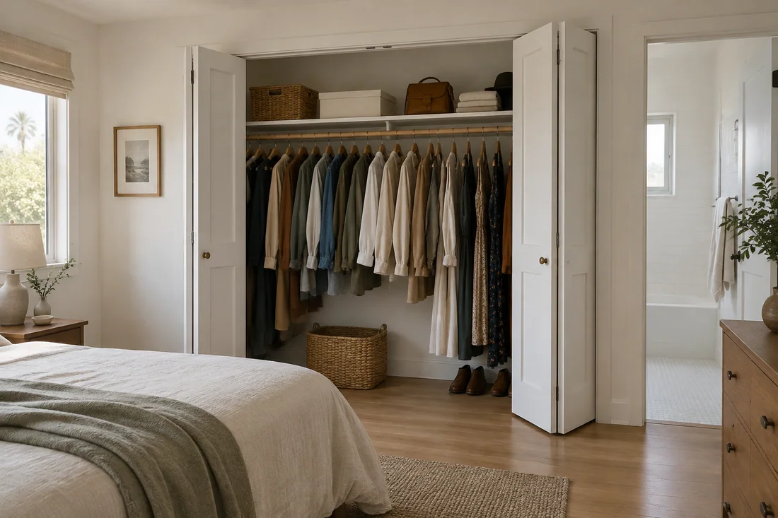 Solid-panel bifold closet doors folded open in a bedroom, showing a full-width closet opening