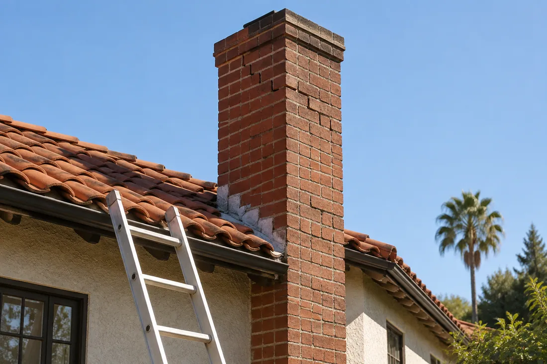 Older brick chimney on a Los Angeles house with visible cracks and loose mortar near the roofline