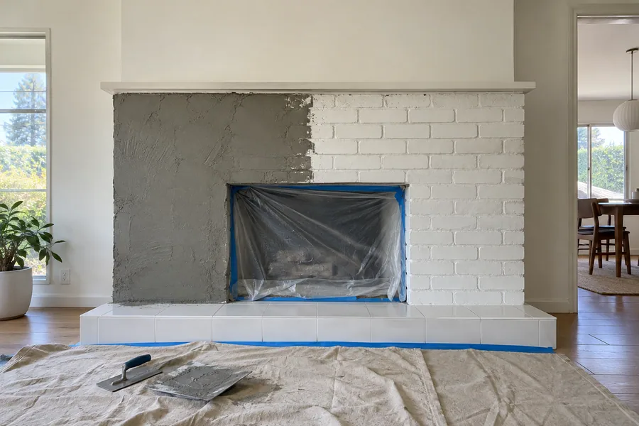 Brick fireplace being refaced, half the brick covered in fresh plaster and the rest still bare