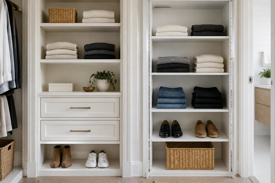 Painted wood built-in closet next to a modular white melamine closet system