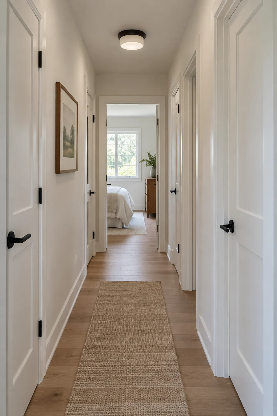 Burbank ranch hallway with new solid-core doors, lever handles, fresh paint and wood-look plank floors