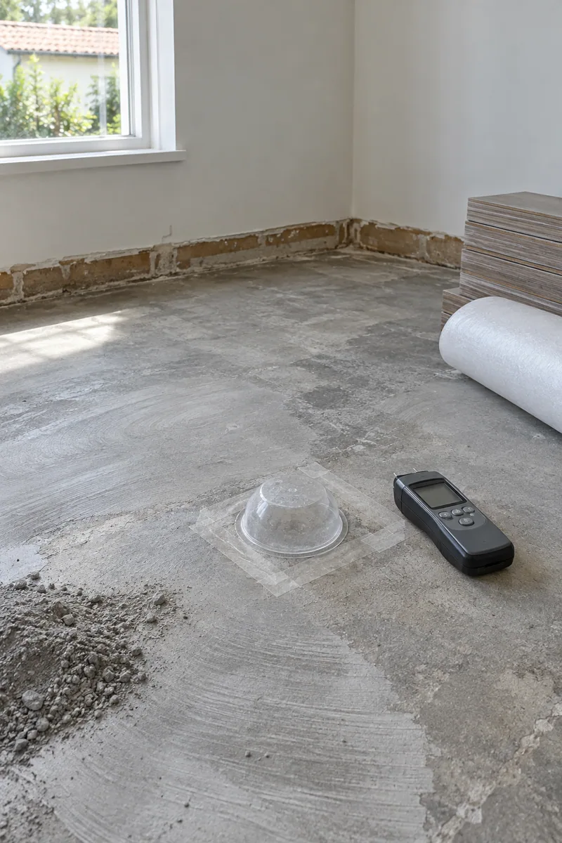 Slab moisture test and ground concrete ready for new plank flooring in a Burbank postwar house