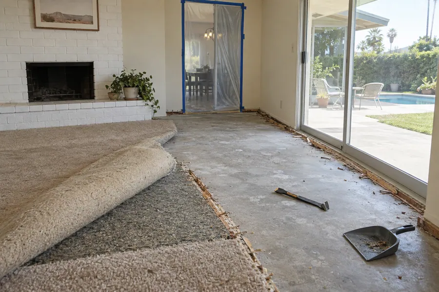Old carpet and tack strip pulled up from a concrete slab before new flooring goes down