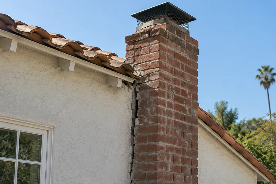 Brick chimney above a roofline with separated mortar where it meets the house wall