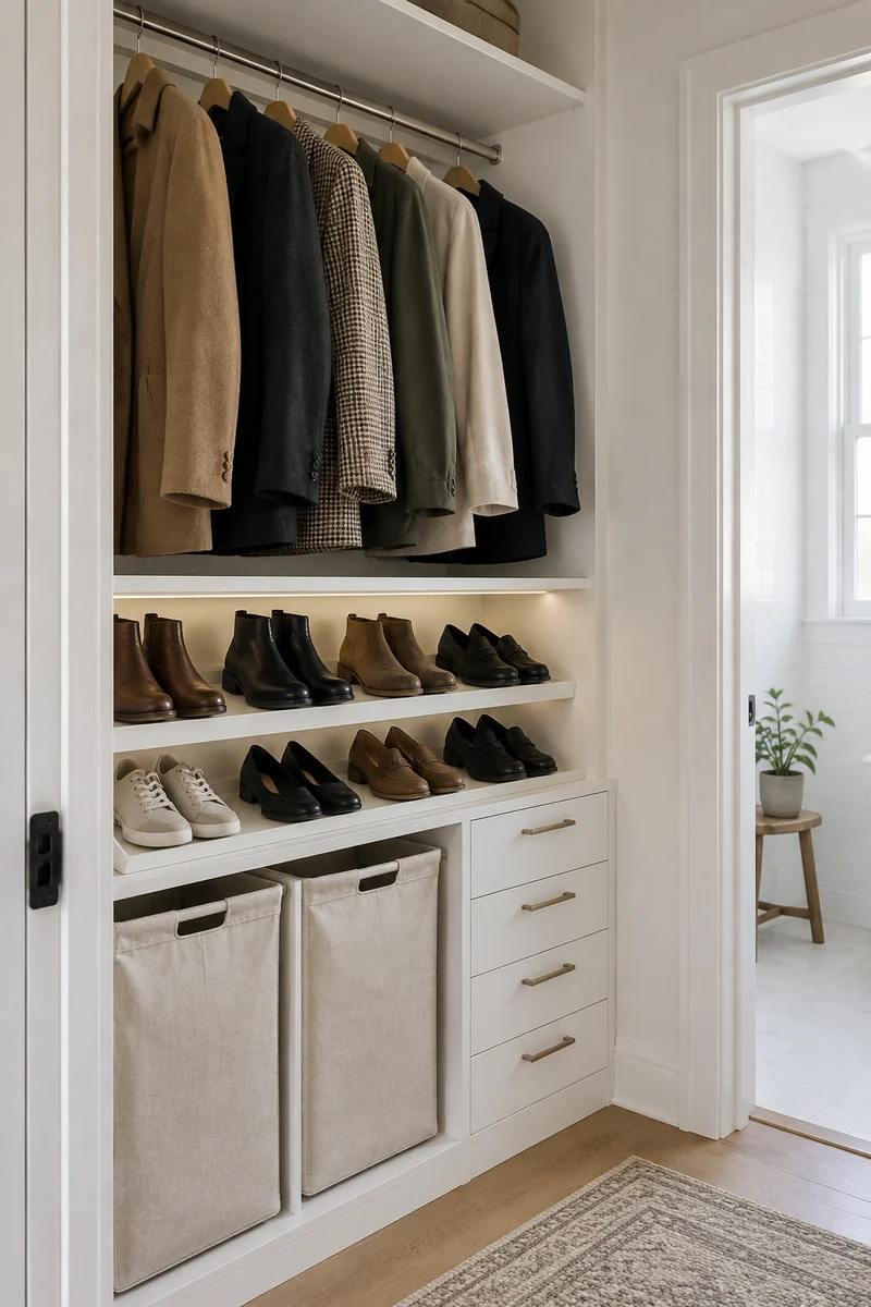 Tall view of a closet section with long-hang, shoe shelves, pull-out hampers and drawers