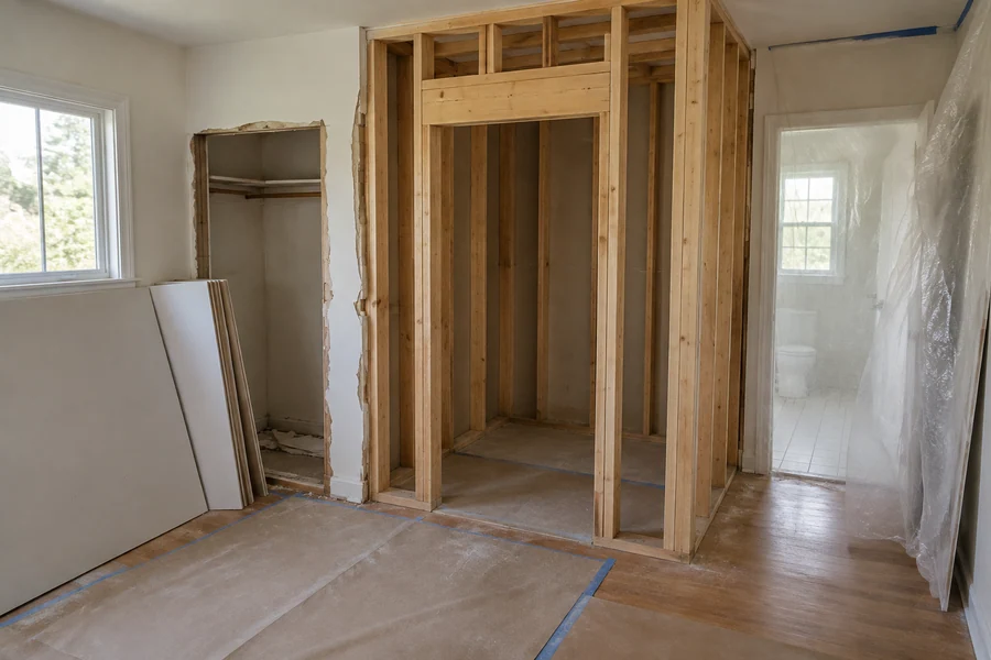 Closet remodel expansion with a new stud wall framing a walk-in closet out of part of a spare room
