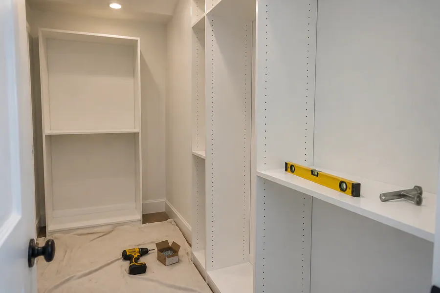 Closet system being installed, with white side panels fastened into the wall and shelves going in