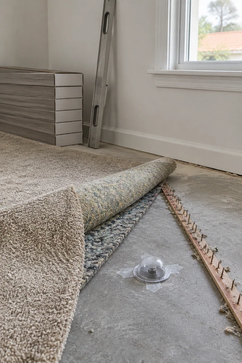 Concrete slab moisture test under folded-back carpet before new flooring in a Commerce, CA house