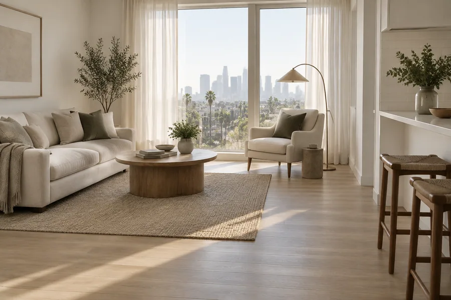 Quiet condo living room with wide vinyl plank flooring and a large window