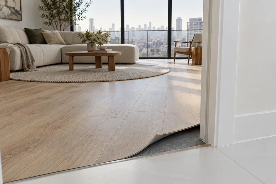 Condo living room with new vinyl plank flooring over a sound-rated underlayment