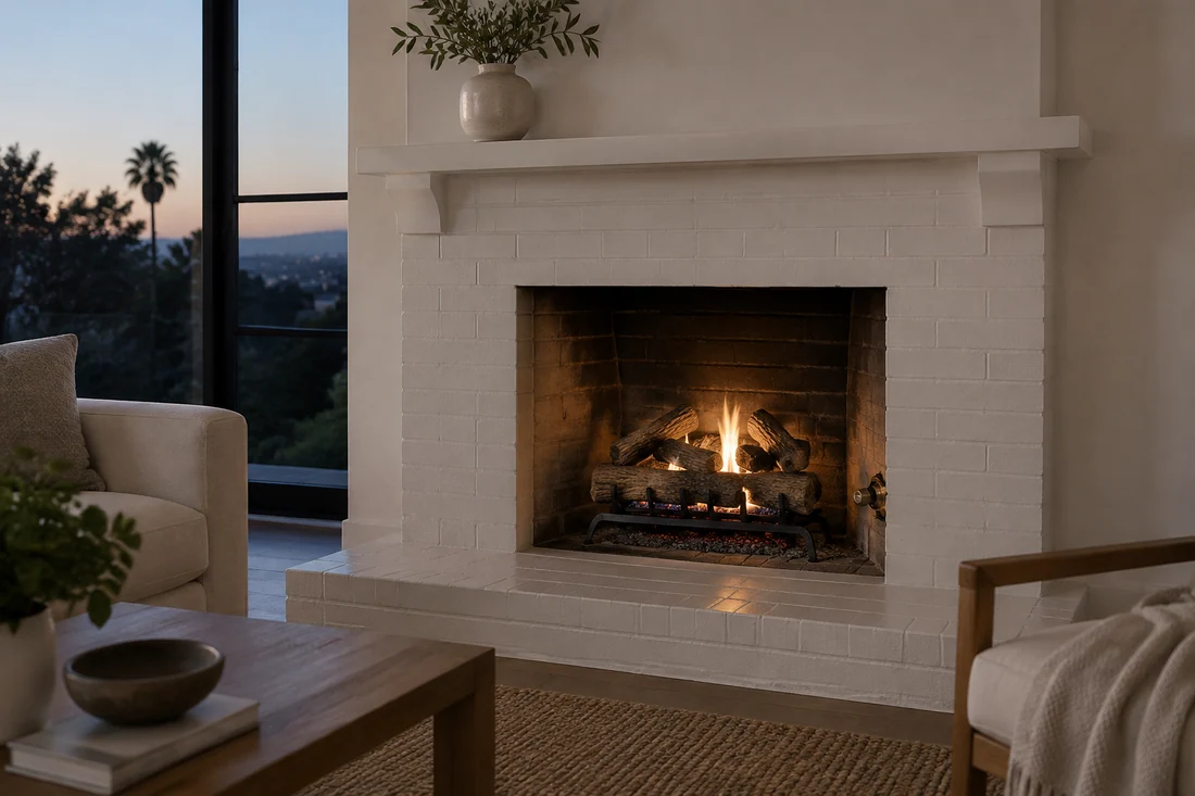 Open fireplace converted to gas with a ceramic log set and a low flame on the grate