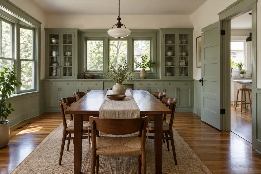 Craftsman dining room with painted built-ins and five-panel doors in a Los Angeles bungalow