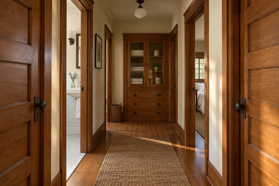 Row of stained five-panel interior doors with wide casing in a Los Angeles Craftsman bungalow
