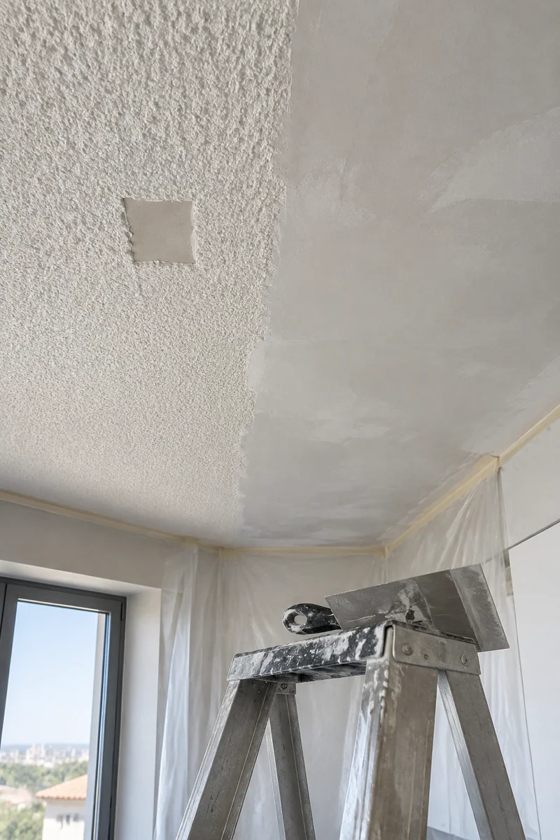 Textured ceiling sampled and partly skim-coated during an interior remodel in a Culver City, CA condo