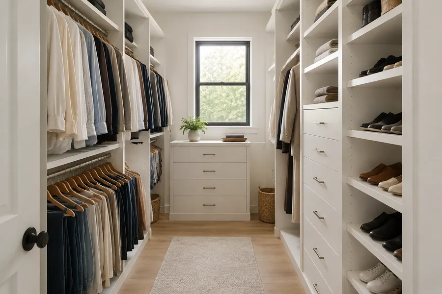 Custom walk-in closet with painted shelving, drawers and hanging rods in a Los Angeles home