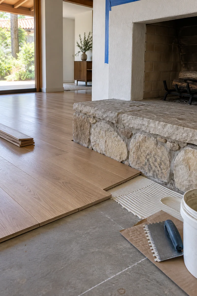 Engineered oak boards being fitted against a fireplace hearth on a concrete slab in a Downey, CA ranch home
