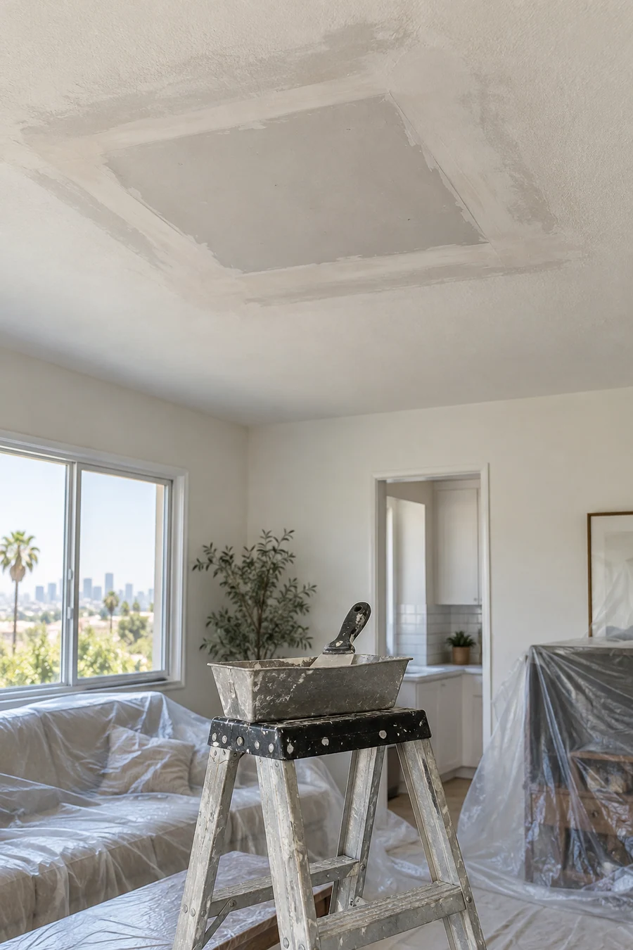 Tall view of a taped and mudded drywall ceiling patch, ready for texture, in a Los Angeles home