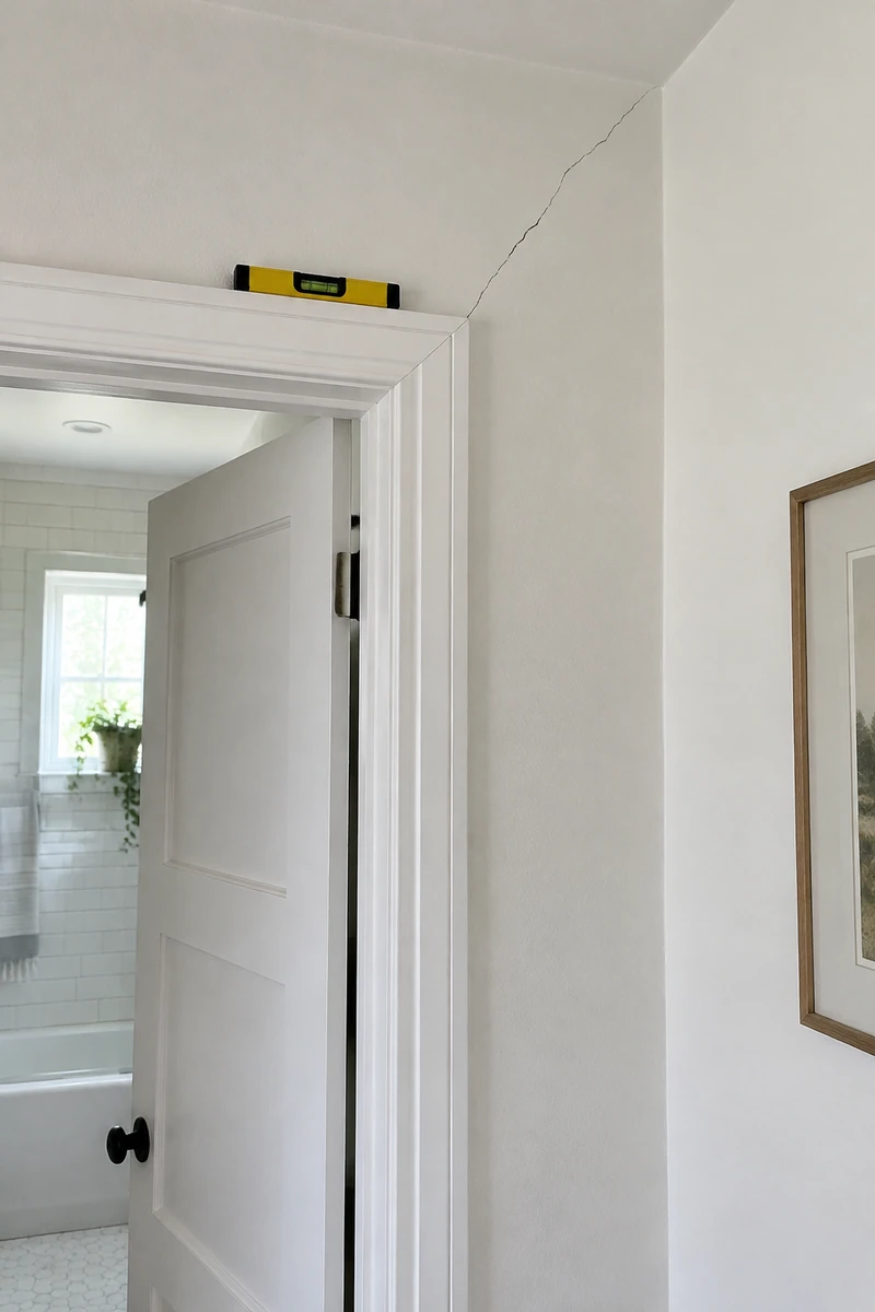 Hairline crack running diagonally from the corner of a door frame in a Los Angeles home