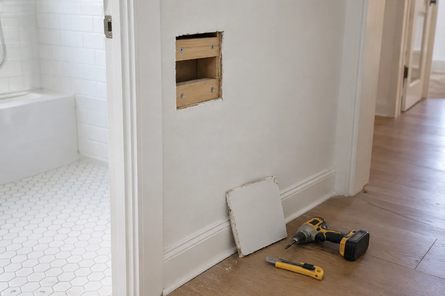 Doorknob hole in drywall cut square with wood backing screwed in behind it, ready for a patch