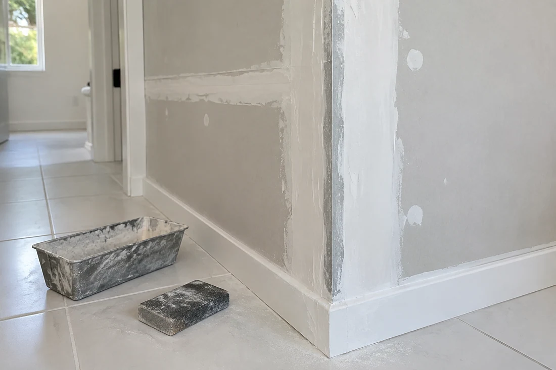 Hallway corner with new metal corner bead and nail pops reset, coated with joint compound