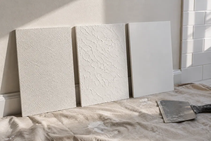 Three drywall sample boards showing orange peel, knockdown and smooth textures side by side