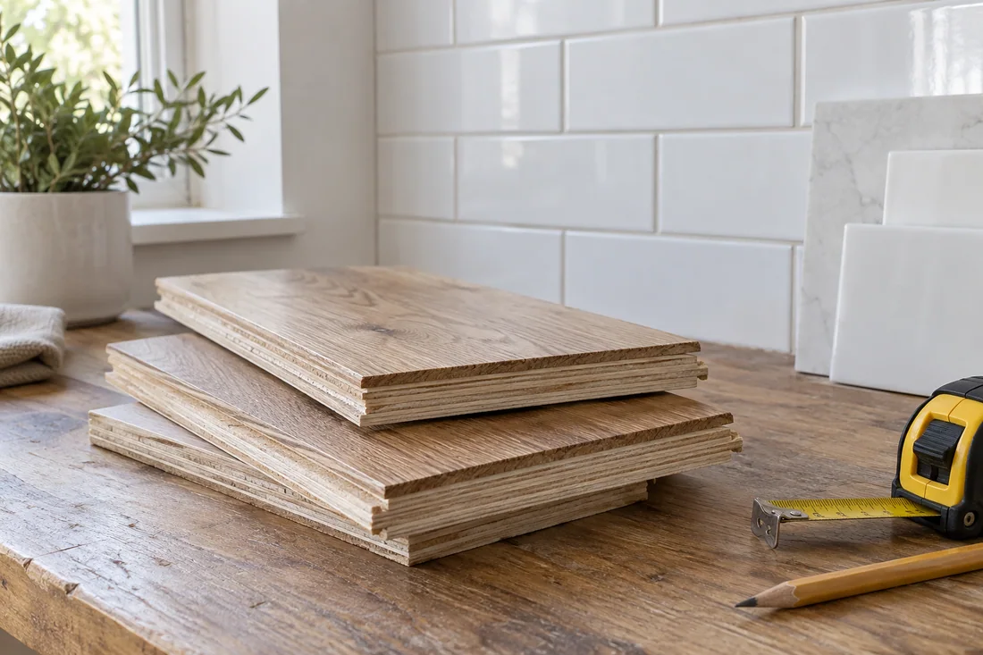 Cut sample of an engineered hardwood plank showing the oak top layer and plywood core